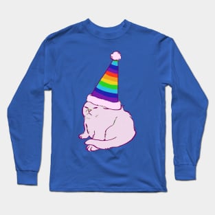 rainbow hat party white persian cat meme Long Sleeve T-Shirt